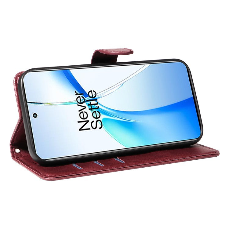 For OnePlus Nord CE4 5G Case T-Shaped Lines PU Leather Wallet Stand Phone Cover - Wine Red