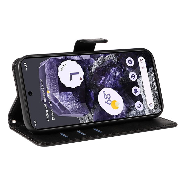 For Google Pixel 8 Case Leather Phone Cover with Wallet and Horizontal Viewing Stand - Black