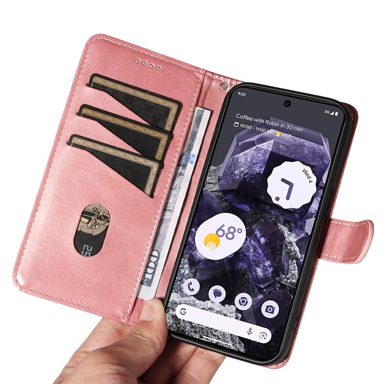 For Google Pixel 8 Case Leather Phone Cover with Wallet and Horizontal Viewing Stand - Rose Gold