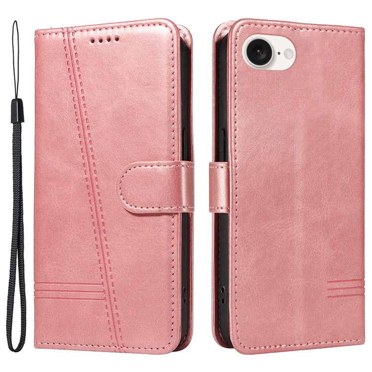 For iPhone 16e Case Wallet Leather Flip Phone Cover with Hand Strap - Rose Gold