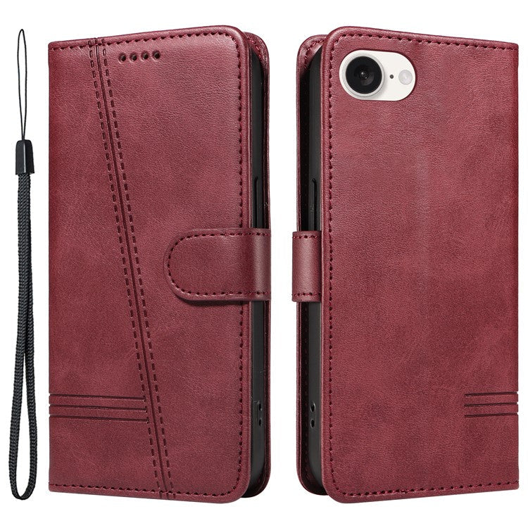 For iPhone 16e Case Wallet Leather Flip Phone Cover with Hand Strap - Wine Red