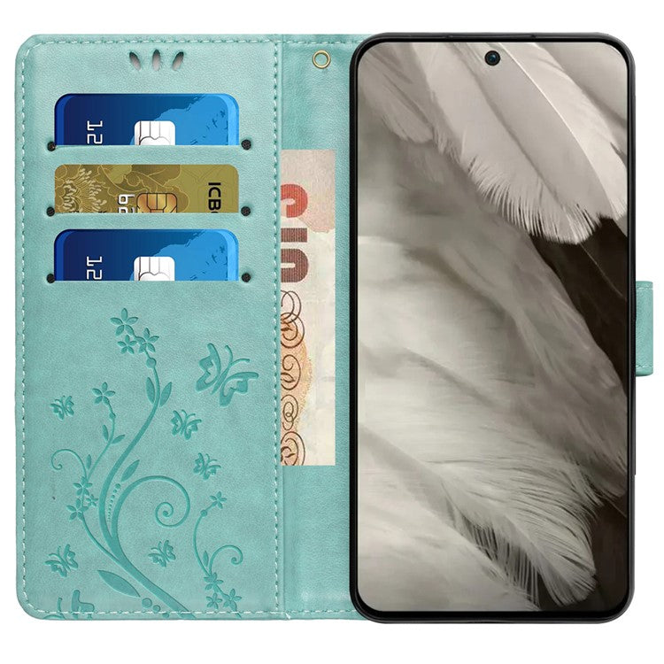 For Google Pixel 8 Phone Case Leather Flip Cover Butterfly Flower Pattern Imprinted - Baby Blue