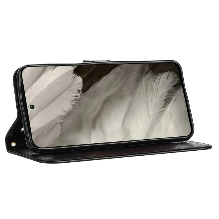 For Google Pixel 8 Phone Case Leather Flip Cover Butterfly Flower Pattern Imprinted - Black