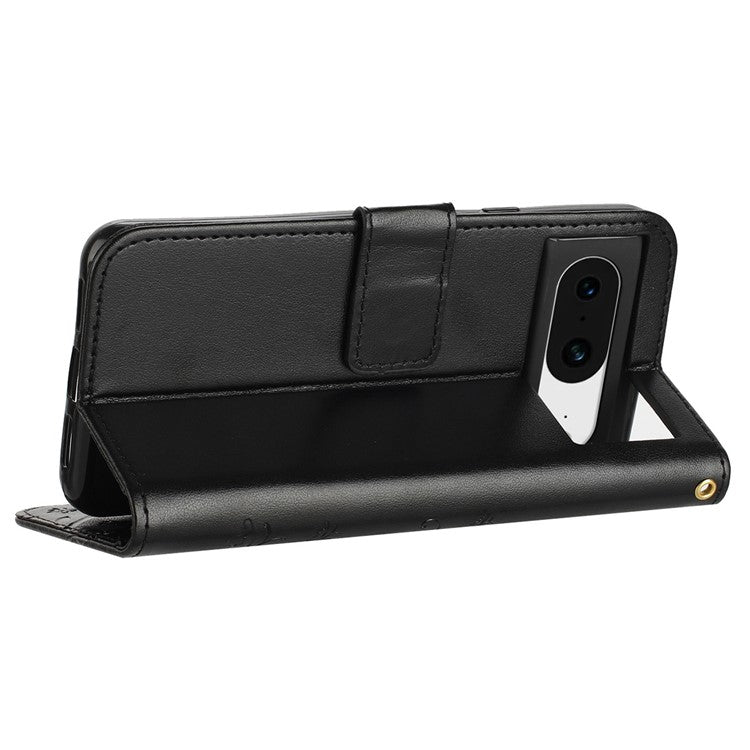 For Google Pixel 8 Phone Case Leather Flip Cover Butterfly Flower Pattern Imprinted - Black