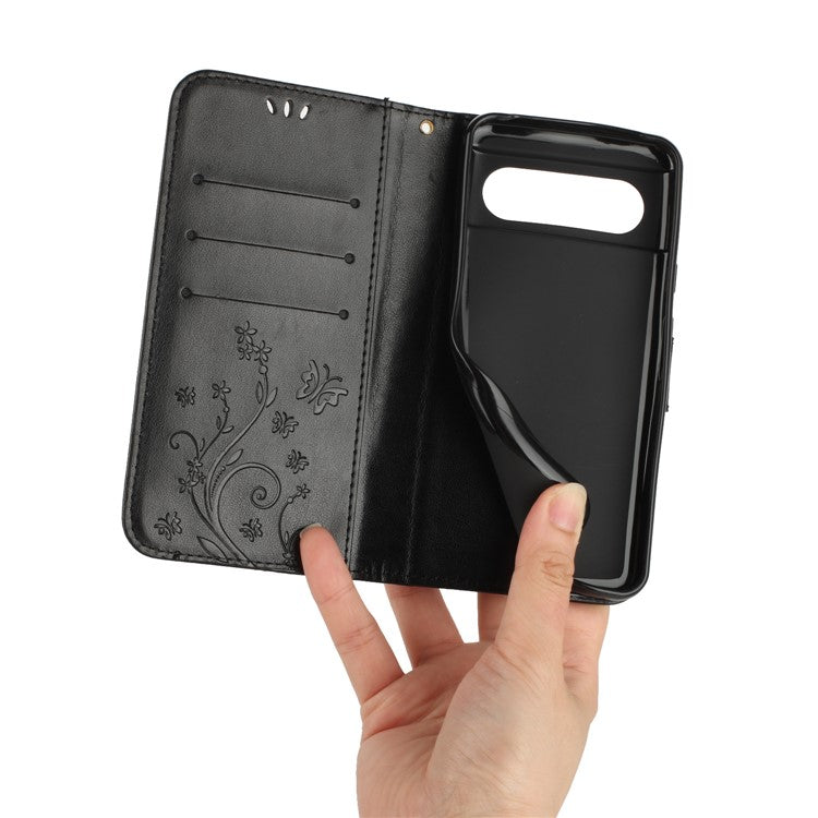 For Google Pixel 8 Phone Case Leather Flip Cover Butterfly Flower Pattern Imprinted - Black