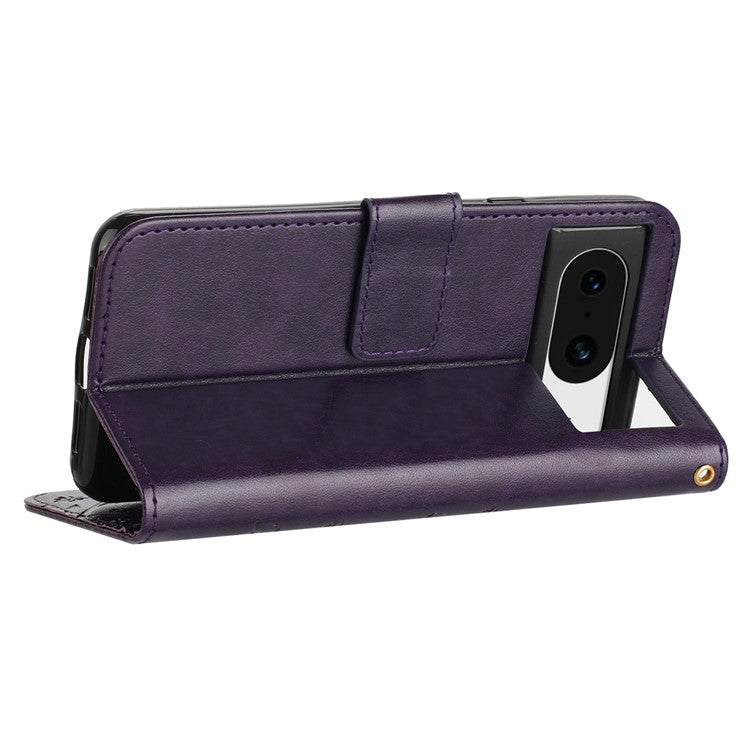 For Google Pixel 8 Phone Case Leather Flip Cover Butterfly Flower Pattern Imprinted - Dark Purple