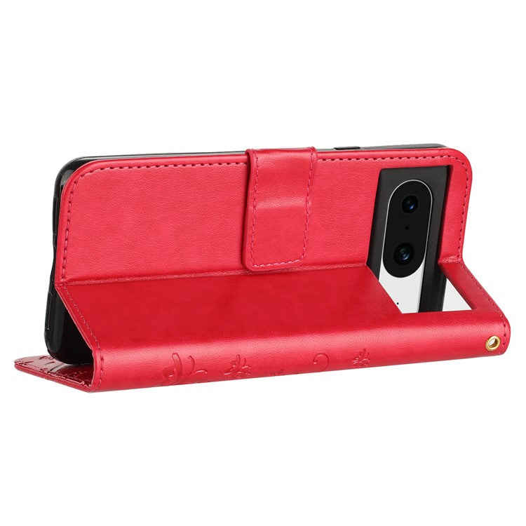 For Google Pixel 8 Phone Case Leather Flip Cover Butterfly Flower Pattern Imprinted - Red