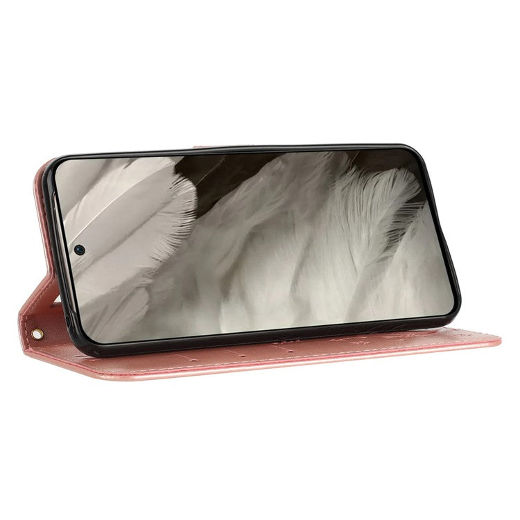 For Google Pixel 8 Phone Case Leather Flip Cover Butterfly Flower Pattern Imprinted - Rose Gold