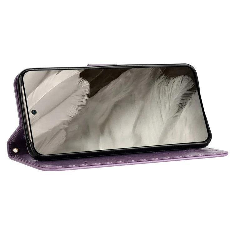 For Google Pixel 8 Phone Case Leather Flip Cover Butterfly Flower Pattern Imprinted - Light Purple