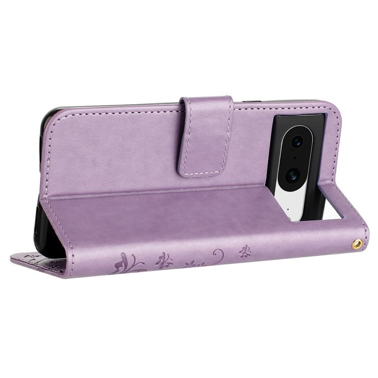 For Google Pixel 8 Phone Case Leather Flip Cover Butterfly Flower Pattern Imprinted - Light Purple