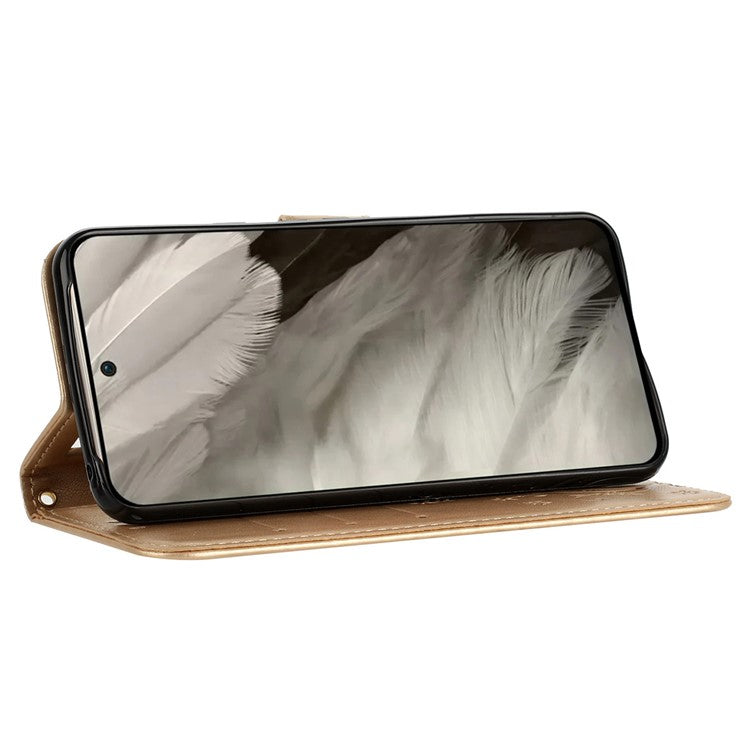 For Google Pixel 8 Phone Case Leather Flip Cover Butterfly Flower Pattern Imprinted - Gold
