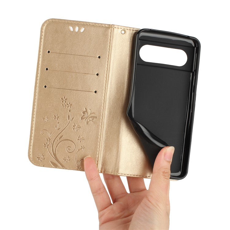 For Google Pixel 8 Phone Case Leather Flip Cover Butterfly Flower Pattern Imprinted - Gold