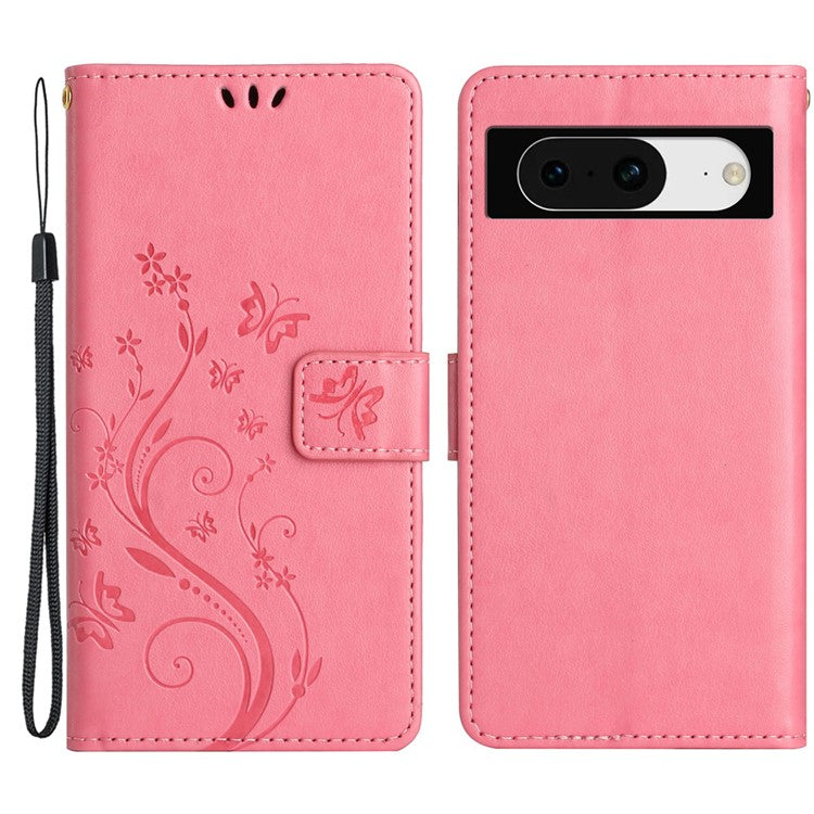 For Google Pixel 8 Phone Case Leather Flip Cover Butterfly Flower Pattern Imprinted - Pink