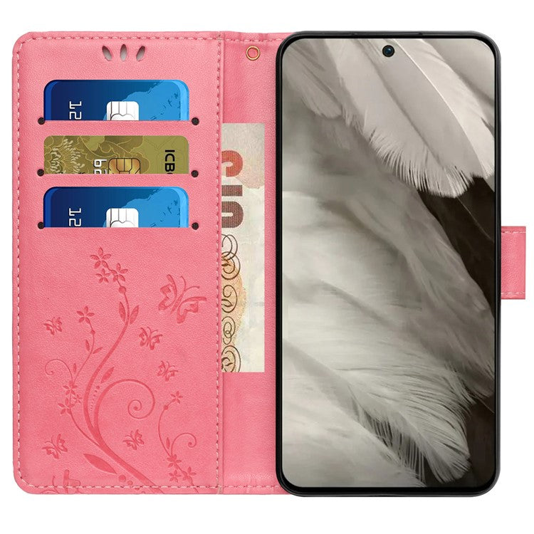 For Google Pixel 8 Phone Case Leather Flip Cover Butterfly Flower Pattern Imprinted - Pink