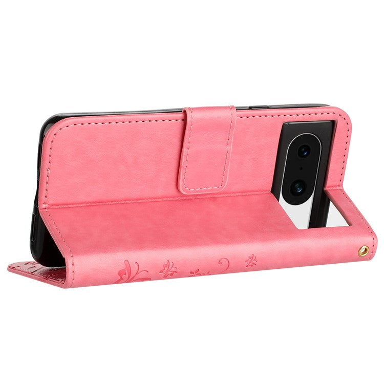 For Google Pixel 8 Phone Case Leather Flip Cover Butterfly Flower Pattern Imprinted - Pink