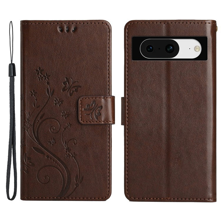 For Google Pixel 8 Phone Case Leather Flip Cover Butterfly Flower Pattern Imprinted - Brown