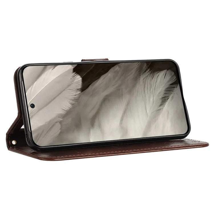 For Google Pixel 8 Phone Case Leather Flip Cover Butterfly Flower Pattern Imprinted - Brown