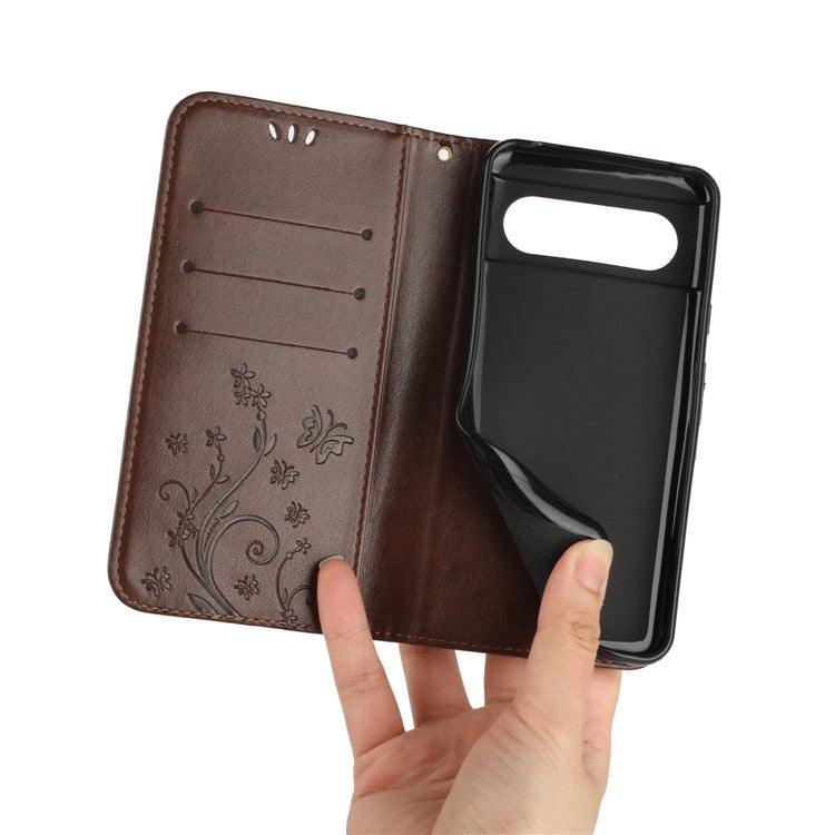 For Google Pixel 8 Phone Case Leather Flip Cover Butterfly Flower Pattern Imprinted - Brown