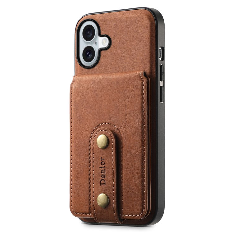 DENIOR D14 For iPhone 16 Case Kickstand Card Holder Retro Leather Back Phone Cover - Brown