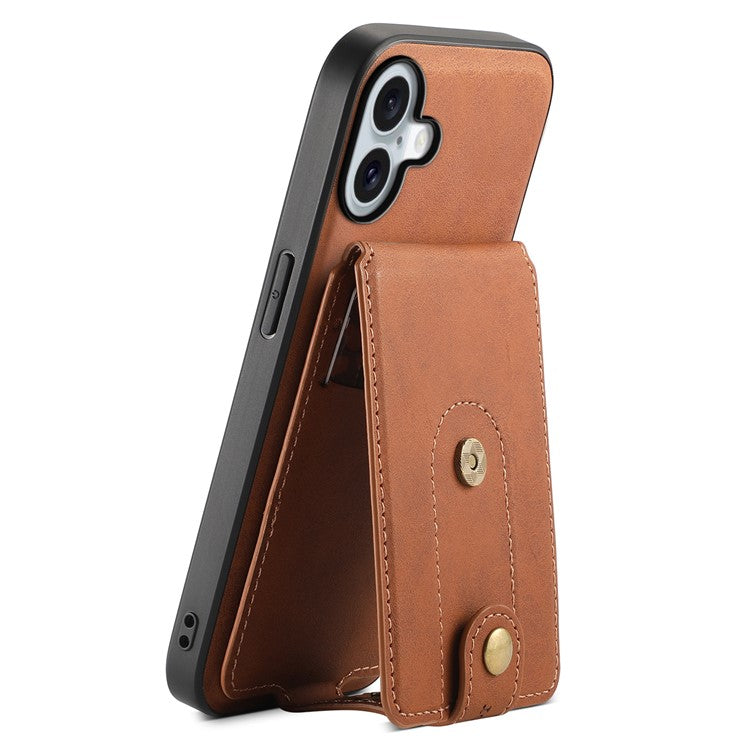 DENIOR D14 For iPhone 16 Case Kickstand Card Holder Retro Leather Back Phone Cover - Brown