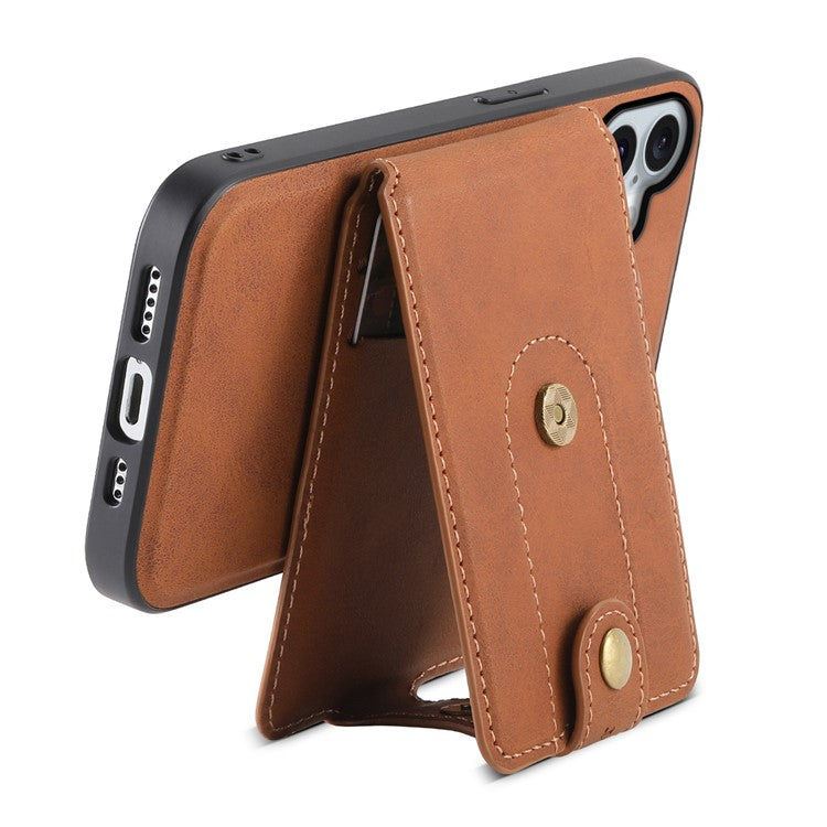 DENIOR D14 For iPhone 16 Case Kickstand Card Holder Retro Leather Back Phone Cover - Brown