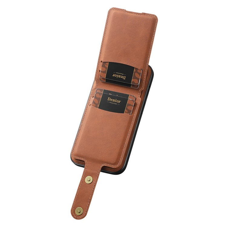 DENIOR D14 For iPhone 16 Case Kickstand Card Holder Retro Leather Back Phone Cover - Brown