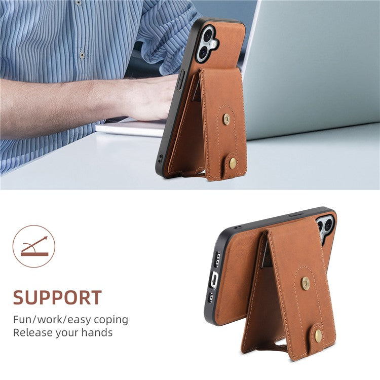 DENIOR D14 For iPhone 16 Case Kickstand Card Holder Retro Leather Back Phone Cover - Brown