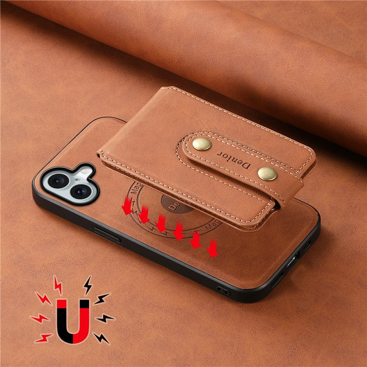 DENIOR D14 For iPhone 16 Case Kickstand Card Holder Retro Leather Back Phone Cover - Brown