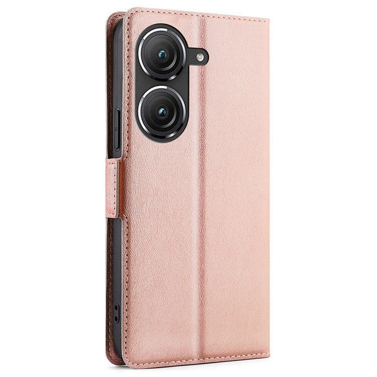 For Asus Zenfone 9 5G PU Leather Stand Case Dual Magnetic Clasp Shockproof Inner TPU Phone Cover with Card Slot - Rose Gold