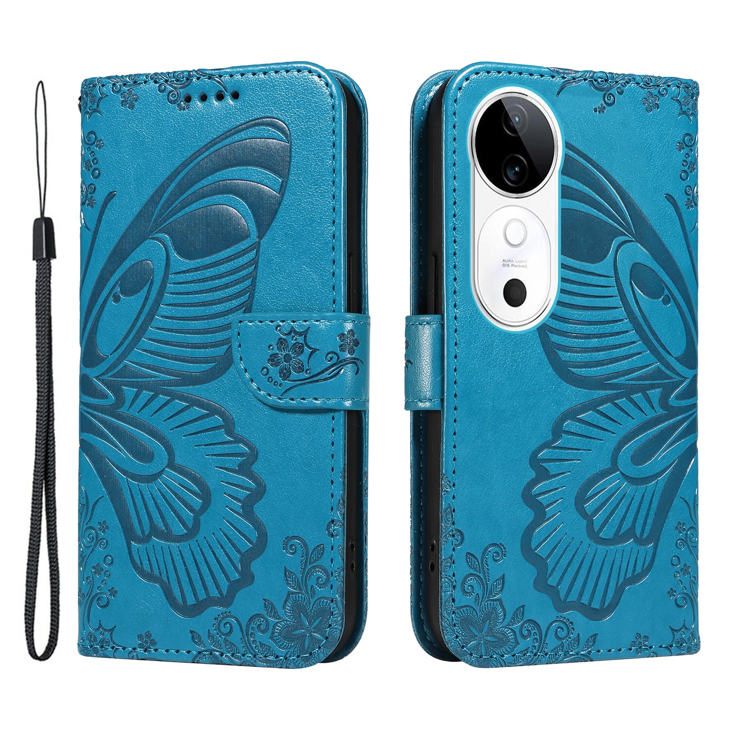 For vivo S19 5G / V40 5G Case Wallet Flip Shockproof Floral Butterfly Leather Phone Cover - Blue
