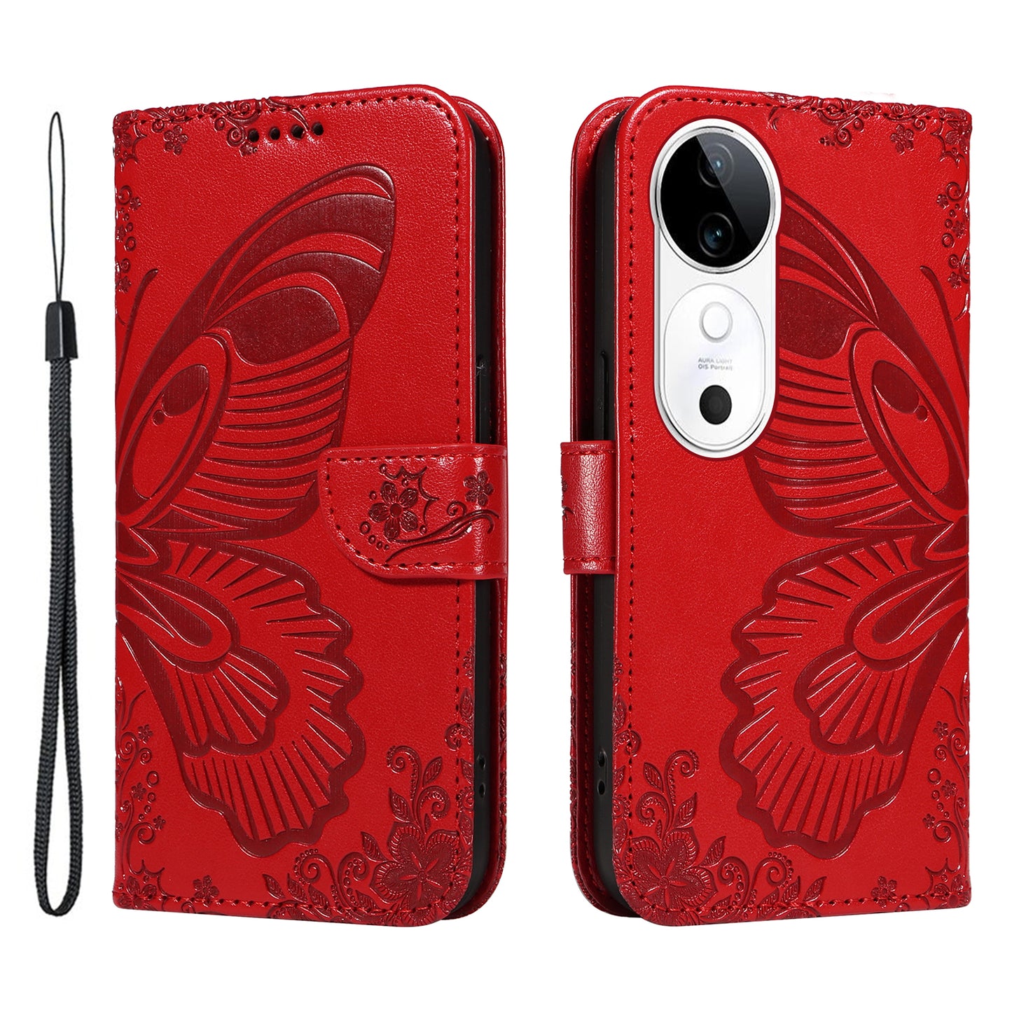 For vivo S19 5G / V40 5G Case Wallet Flip Shockproof Floral Butterfly Leather Phone Cover - Red