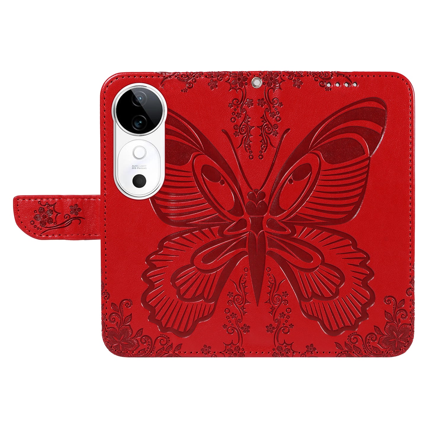 For vivo S19 5G / V40 5G Case Wallet Flip Shockproof Floral Butterfly Leather Phone Cover - Red