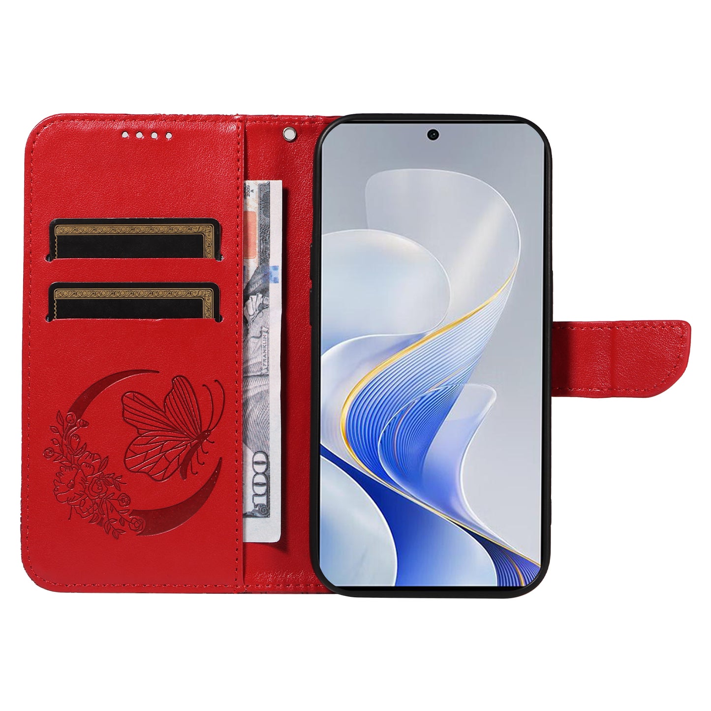 For vivo S19 5G / V40 5G Case Wallet Flip Shockproof Floral Butterfly Leather Phone Cover - Red