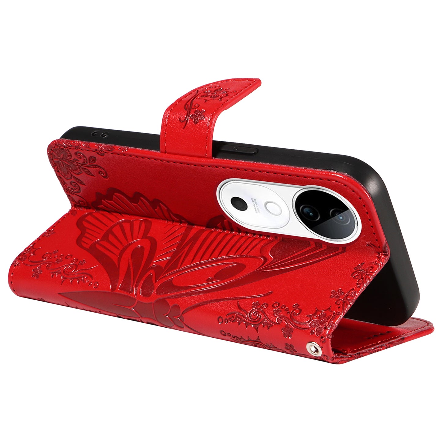 For vivo S19 5G / V40 5G Case Wallet Flip Shockproof Floral Butterfly Leather Phone Cover - Red