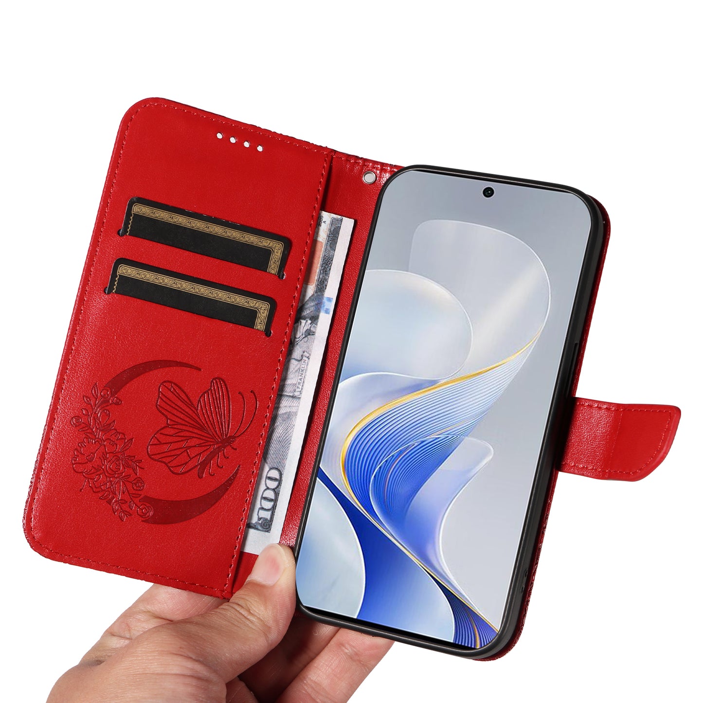 For vivo S19 5G / V40 5G Case Wallet Flip Shockproof Floral Butterfly Leather Phone Cover - Red