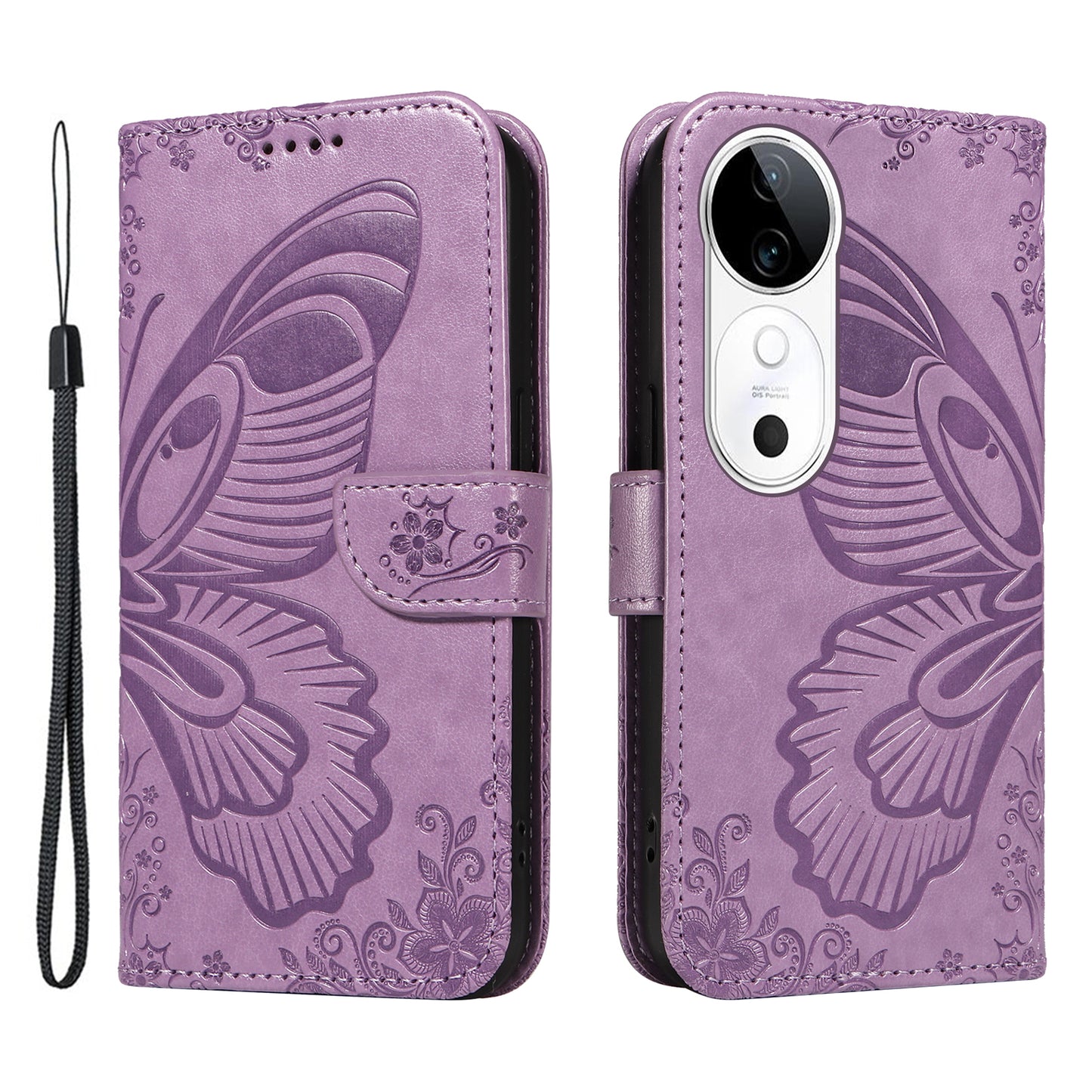 For vivo S19 5G / V40 5G Case Wallet Flip Shockproof Floral Butterfly Leather Phone Cover - Light Purple