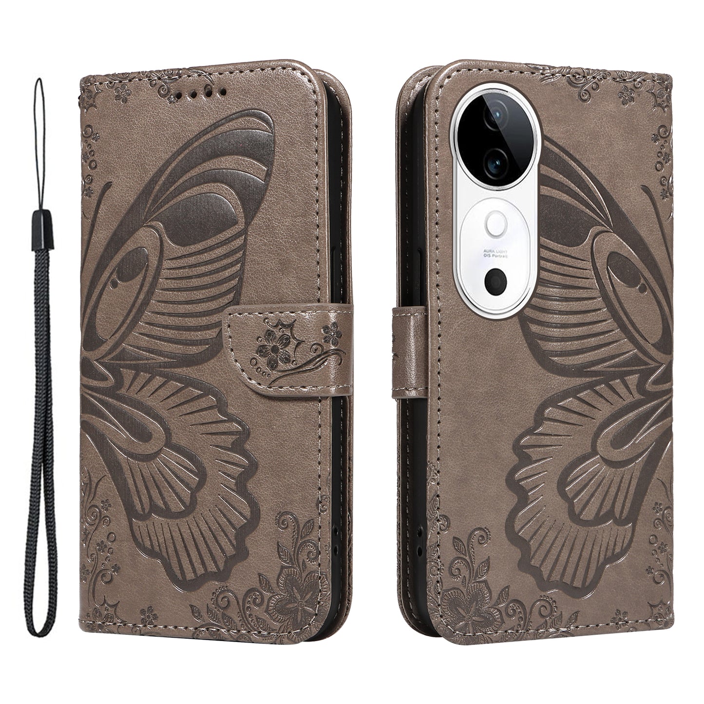 For vivo S19 5G / V40 5G Case Wallet Flip Shockproof Floral Butterfly Leather Phone Cover - Grey