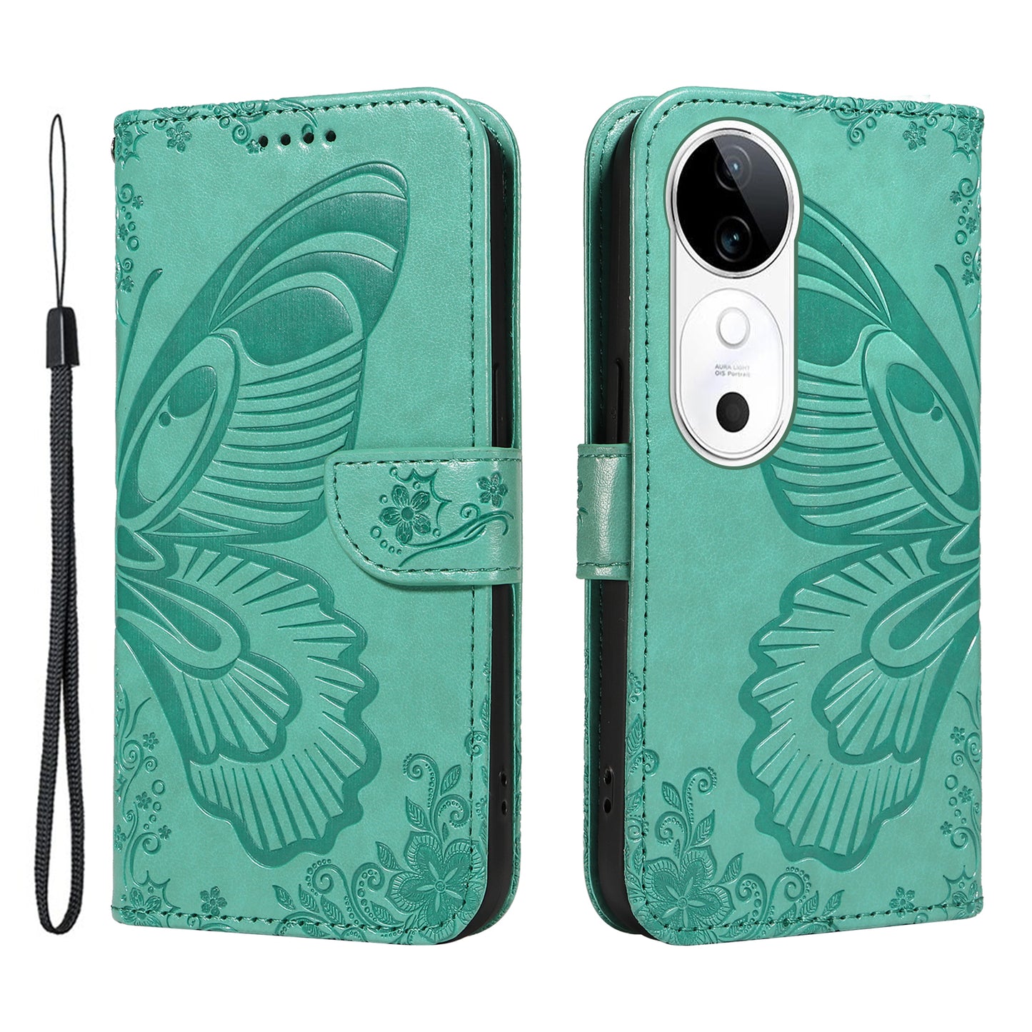 For vivo S19 5G / V40 5G Case Wallet Flip Shockproof Floral Butterfly Leather Phone Cover - Green