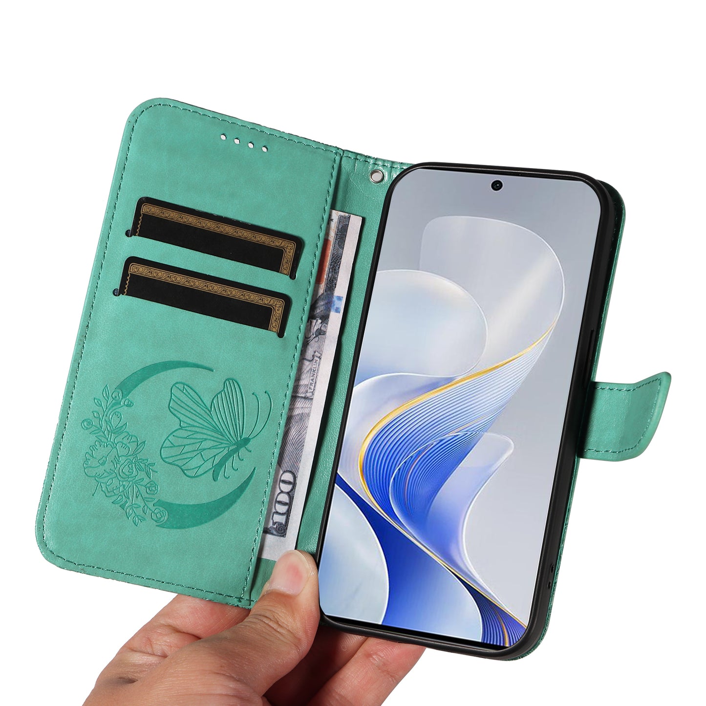 For vivo S19 5G / V40 5G Case Wallet Flip Shockproof Floral Butterfly Leather Phone Cover - Green
