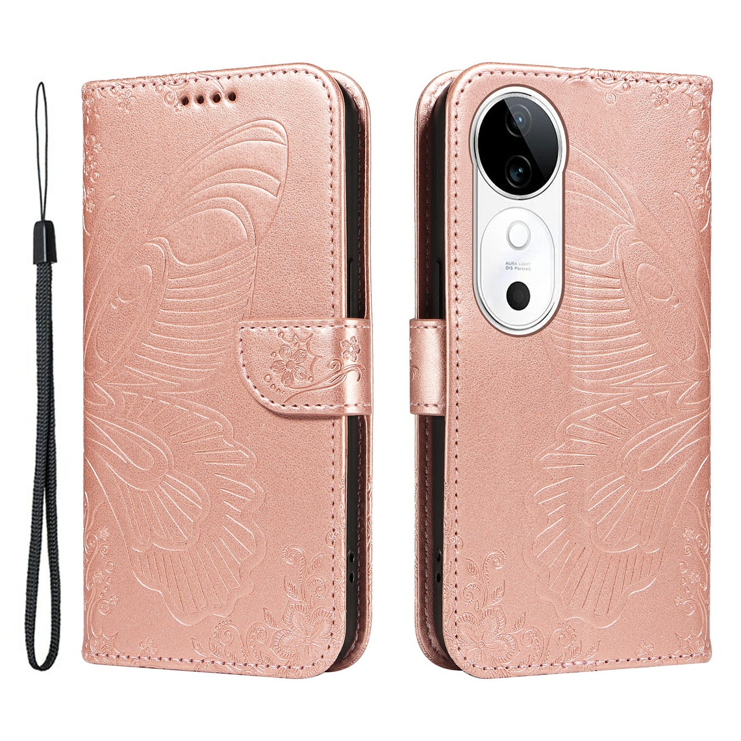 For vivo S19 5G / V40 5G Case Wallet Flip Shockproof Floral Butterfly Leather Phone Cover - Rose Gold