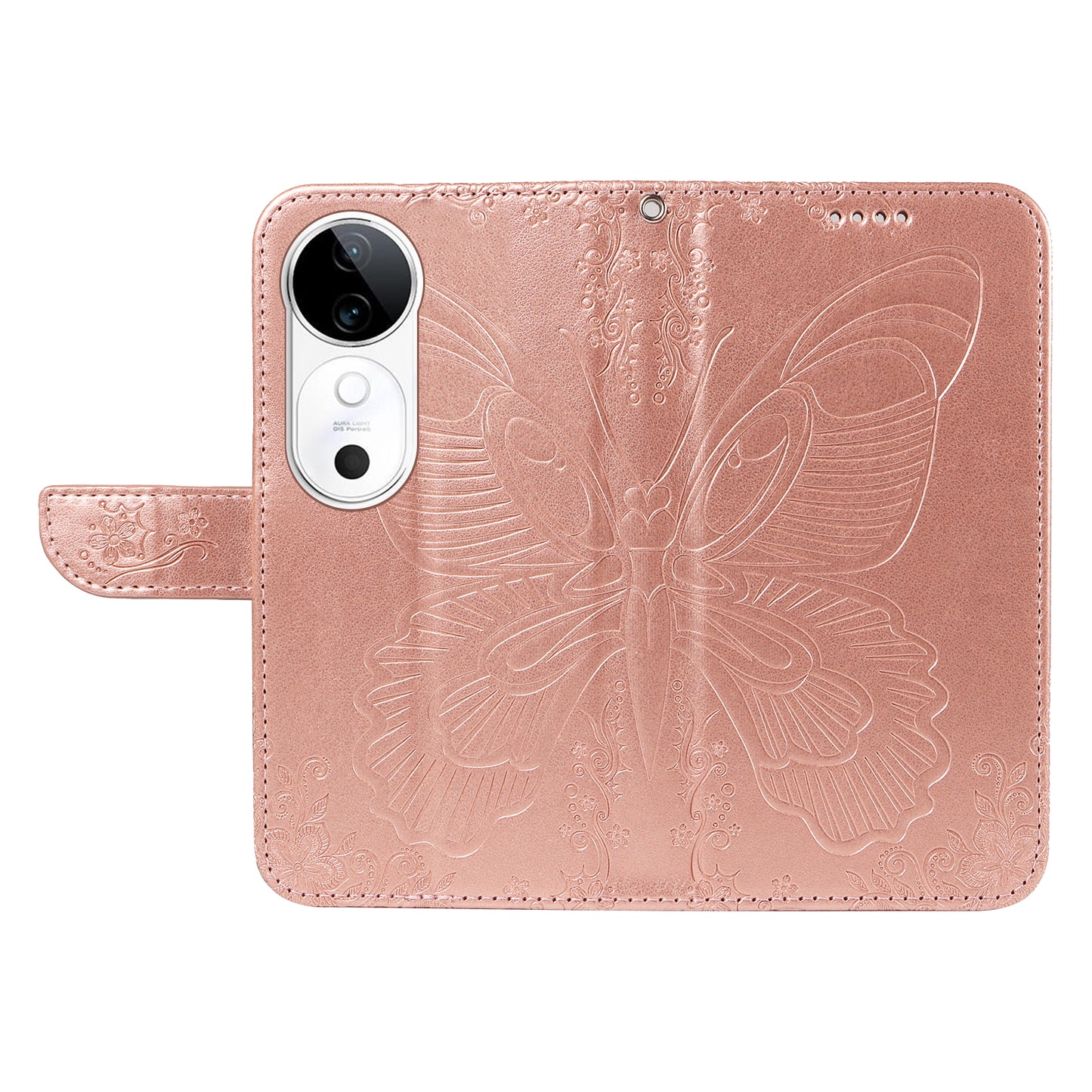 For vivo S19 5G / V40 5G Case Wallet Flip Shockproof Floral Butterfly Leather Phone Cover - Rose Gold