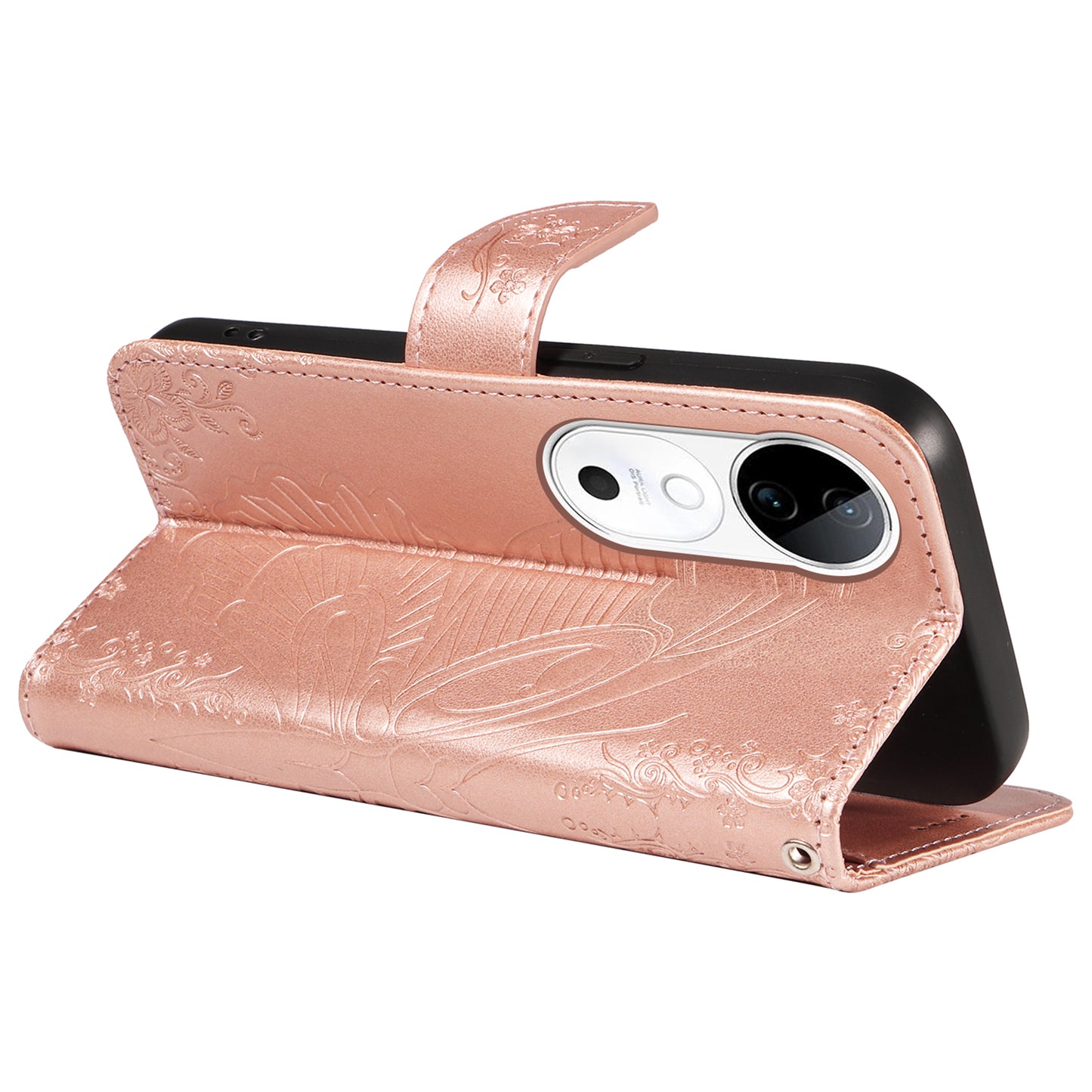 For vivo S19 5G / V40 5G Case Wallet Flip Shockproof Floral Butterfly Leather Phone Cover - Rose Gold