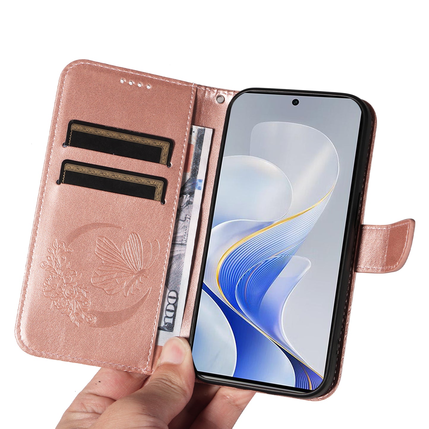 For vivo S19 5G / V40 5G Case Wallet Flip Shockproof Floral Butterfly Leather Phone Cover - Rose Gold