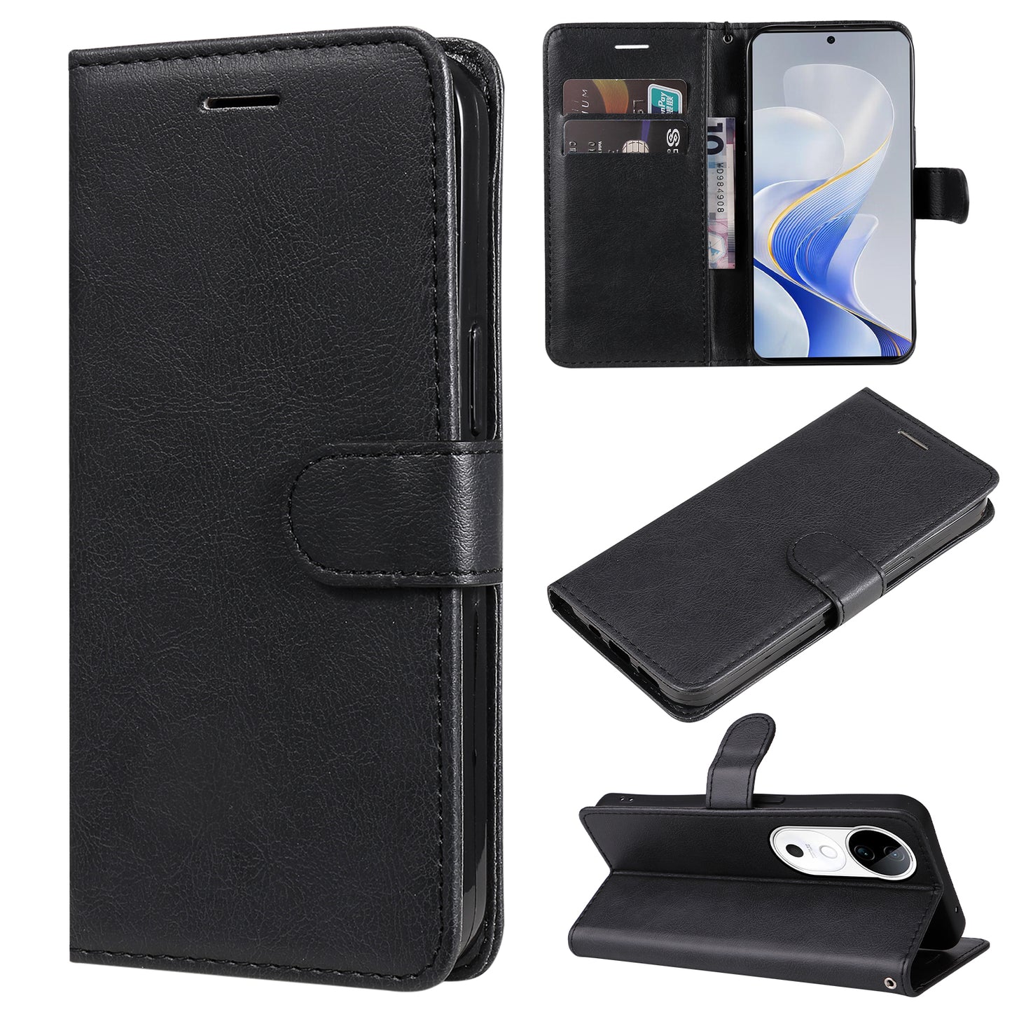KT Leather Series-2 for vivo S19 5G / V40 5G Case Solid Color Wallet Phone Cover - Black