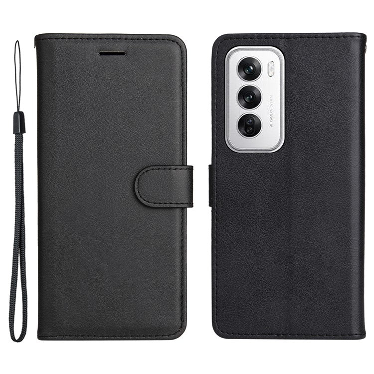 KT Leather Series-2 for Oppo Reno12 5G (Global) Case Folio Stand Solid Color Leather Phone Cover - Black
