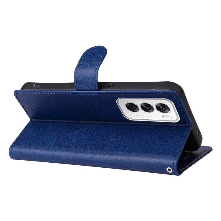 KT Leather Series-2 for Oppo Reno12 5G (Global) Case Folio Stand Solid Color Leather Phone Cover - Blue