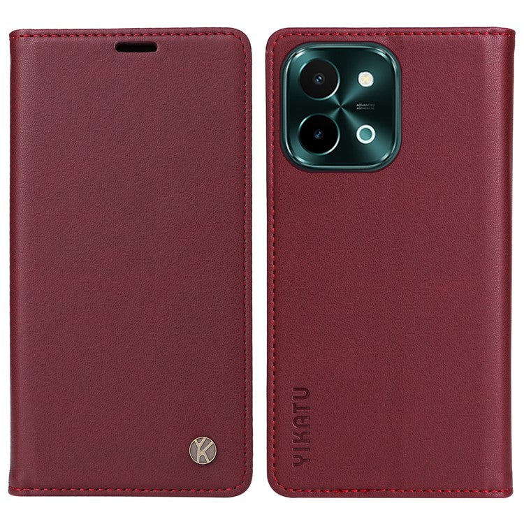 YIKATU YK-001 For vivo Y28 4G Case Card Slot Stand Leather Phone Cover Strong Magnetic - Wine Red