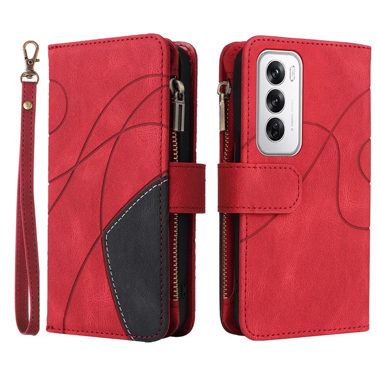 KT Multi-Function Series-5 For Oppo Reno12 5G (Global) PU Leather Dual Color Splicing Cell Phone Case - Red