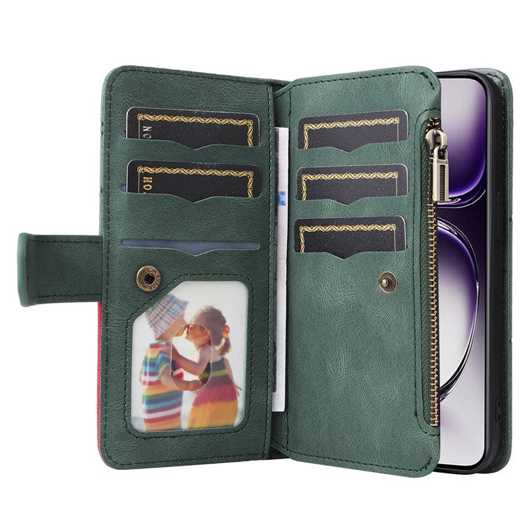 KT Multi-Function Series-5 For Oppo Reno12 5G (Global) PU Leather Dual Color Splicing Cell Phone Case - Green