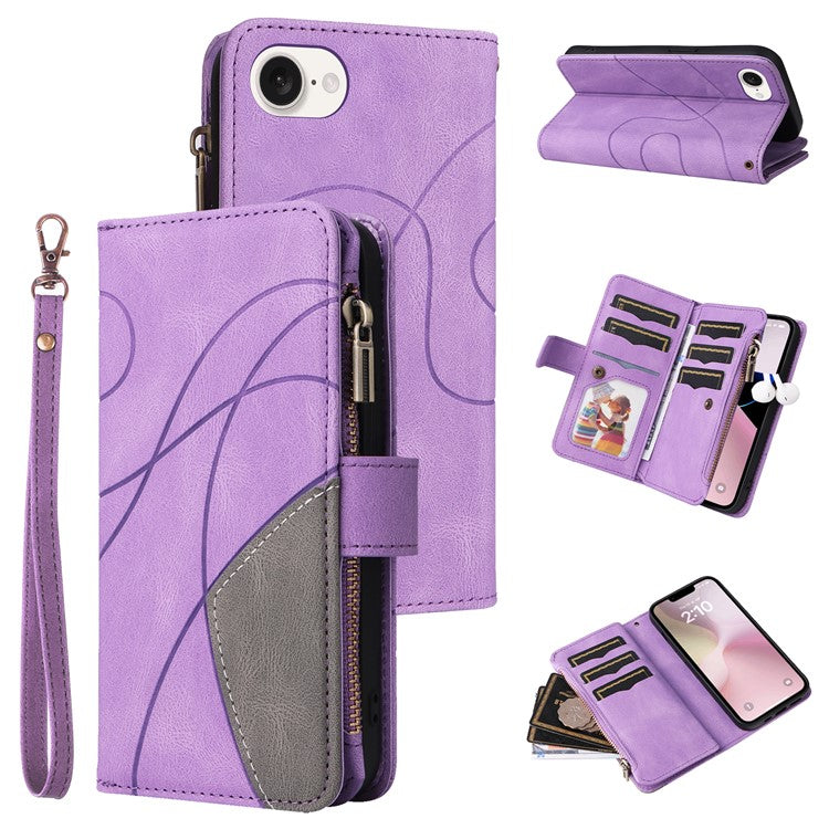 For iPhone 16e Cover Anti-Scratch PU Leather Dual Color Splicing Cell Phone Case - Light Purple